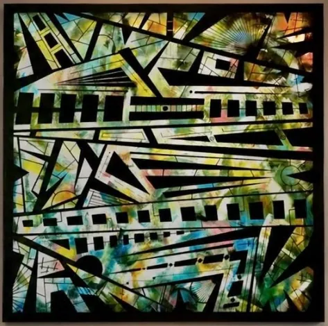 Tableau « Cadence » aux lignes noires rythmant des touches jaunes, vertes et bleues, artiste peintre dans le Golfe de Saint-Tropez – ACR Provence