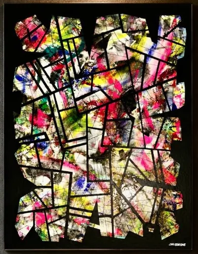 Tableau « Ce jour-là » aux fragments rouges, bleus et verts, artiste peintre dans le Golfe de Saint-Tropez – ACR Provence