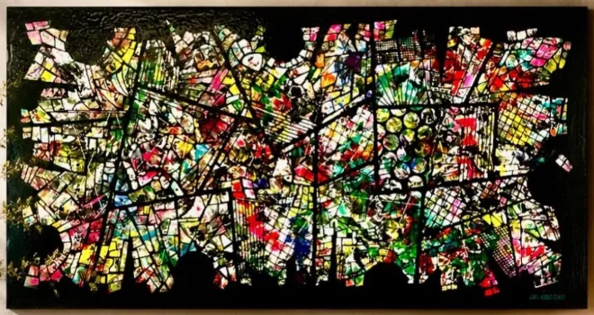 Grand tableau horizontal « Couleur en liberté » aux éclats multicolores, artiste peintre dans le Golfe de Saint-Tropez – ACR Provence