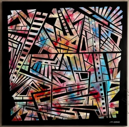 Tableau « Entre les lignes » aux angles noirs sur couleurs vives, artiste peintre dans le Golfe de Saint-Tropez – ACR Provence