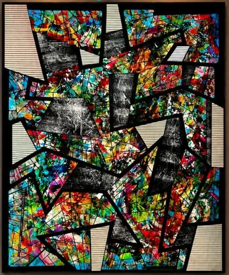 Tableau « Équilibre » aux fragments colorés tenus par des formes noires, artiste peintre dans le Golfe de Saint-Tropez – ACR Provence