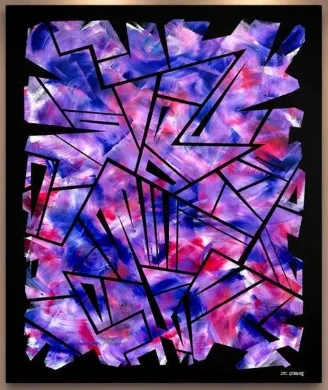Tableau « L'interstice » aux lignes noires sur fond violet, rose et bleu, artiste peintre dans le Golfe de Saint-Tropez – ACR Provence