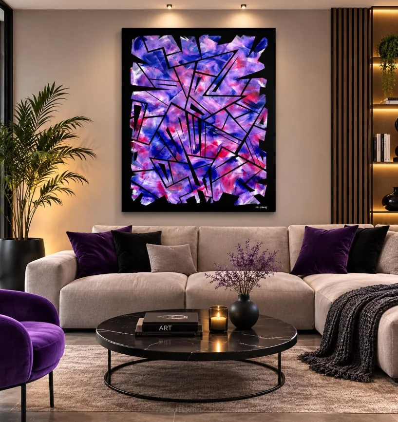 Tableau « L'interstice » mis en situation dans un salon contemporain aux tons violets, artiste peintre dans le Golfe de Saint-Tropez – ACR Provence