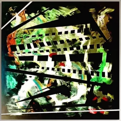 Tableau « La grande dérive » aux bandes claires sur fond vert et noir, artiste peintre dans le Golfe de Saint-Tropez – ACR Provence