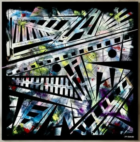 Tableau « Le point de rencontre » aux diagonales noires et blanches sur touches colorées, artiste peintre dans le Golfe de Saint-Tropez – ACR Provence