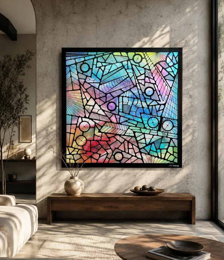Tableau « La lumière chromatique » mis en situation sur un mur d'enduit baigné de soleil, artiste peintre dans le Golfe de Saint-Tropez – ACR Provence