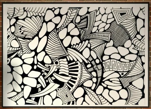 Œuvre graphique « Mosaïque organique » en noir et blanc, artiste peintre dans le Golfe de Saint-Tropez – ACR Provence