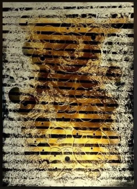 Œuvre « Sillons d'or » aux stries horizontales sur une matière dorée, artiste peintre dans le Golfe de Saint-Tropez – ACR Provence