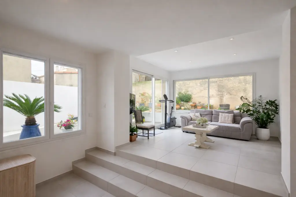 Grand salon lumineux après travaux avec baies vitrées et carrelage moderne