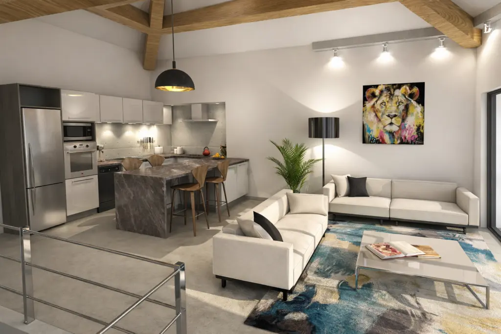 Salon lumineux aux lignes épurées donnant sur une piscine de villa